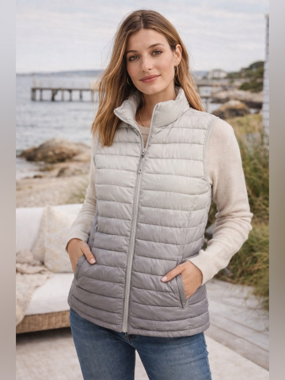 NWT Simply Southern Gray Ombré Puffer Vest Quilted Zip Up Lightweight Size Large
